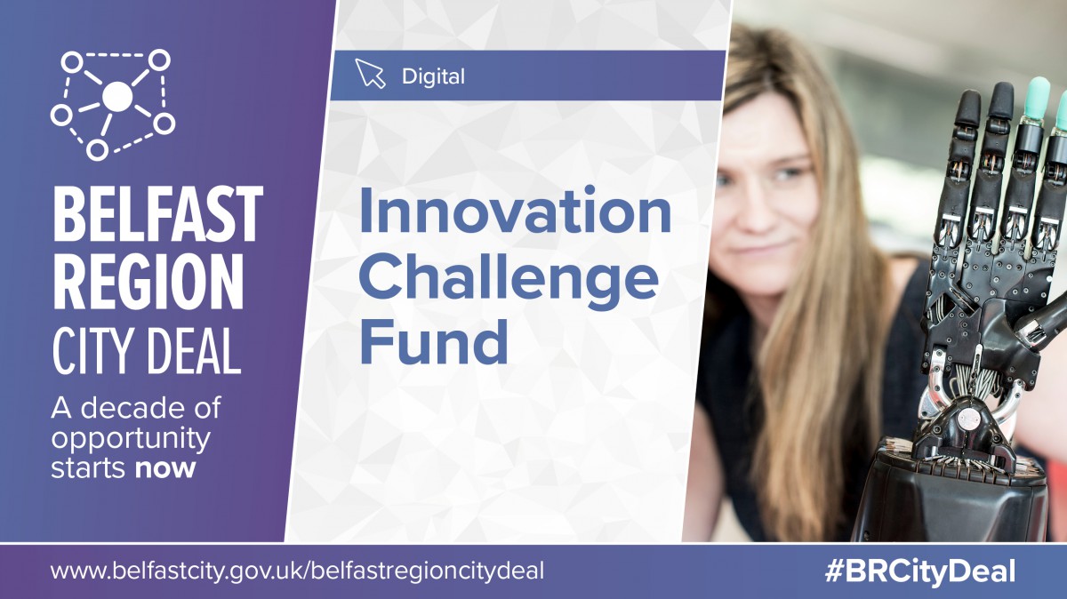 Image with a lady looking at a robotic hand and the words Innovation Challenge Fund
