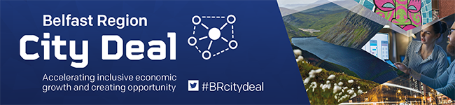 Image with the Belfast Regional  City Deal branding which is the words and 5 dots connected in a rhombus type shape 